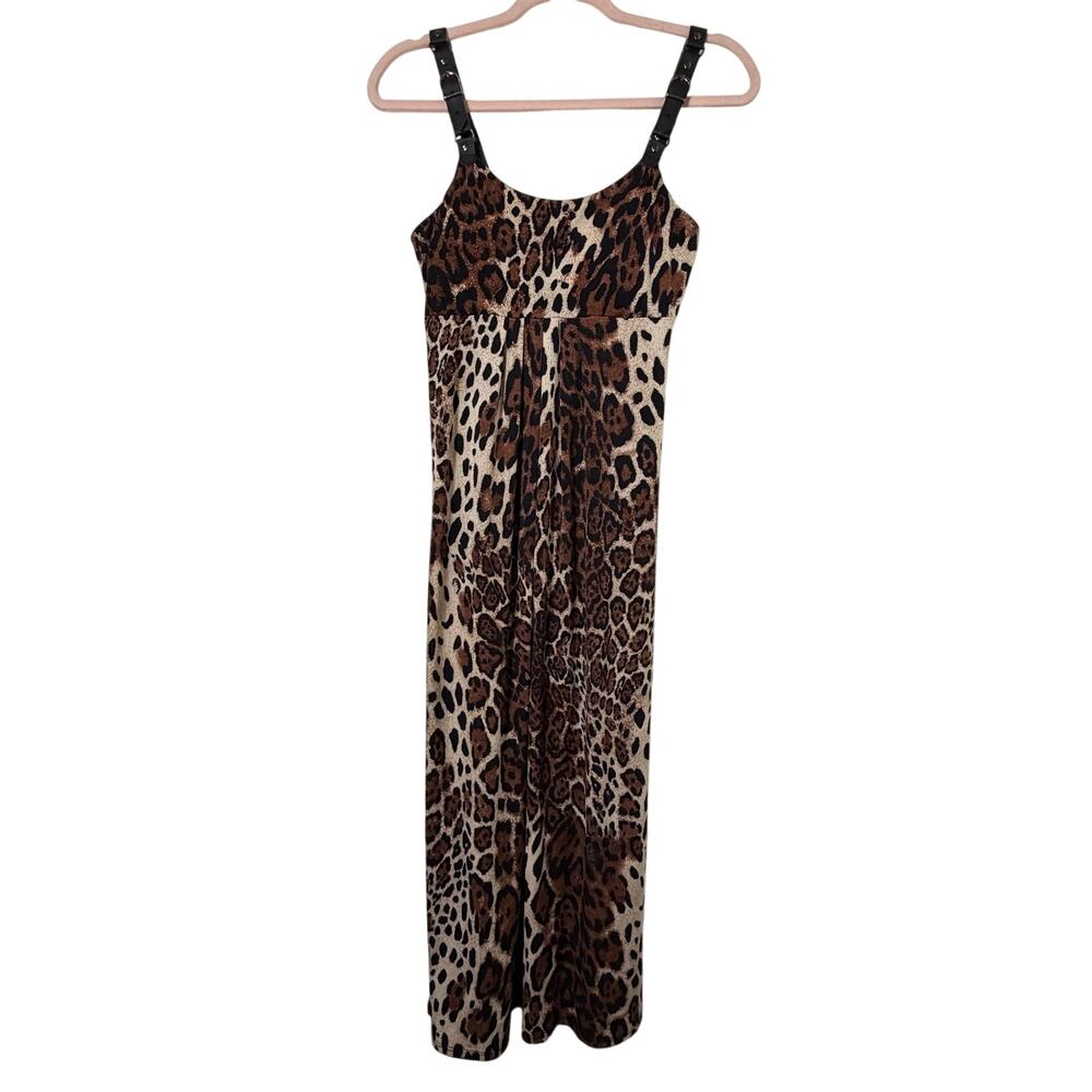 Sm Y2K Vtg Fresh of LA Leopard Maxi Dress Faux Leather Straps Club Glam Mobwife